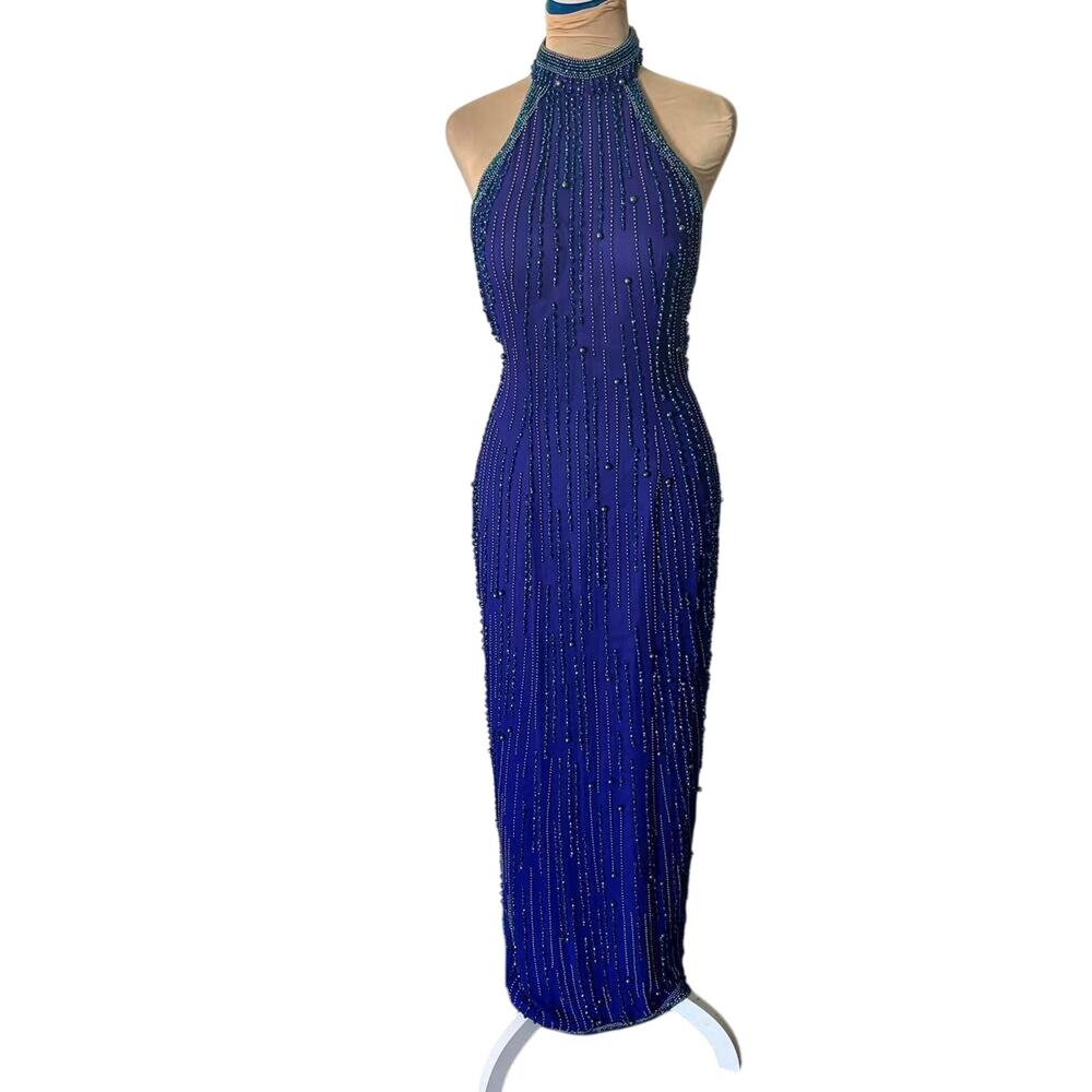Vintage 80s Alyce Designs Silk Beaded Coquette Halter Gown Sexy Glam Feminine
